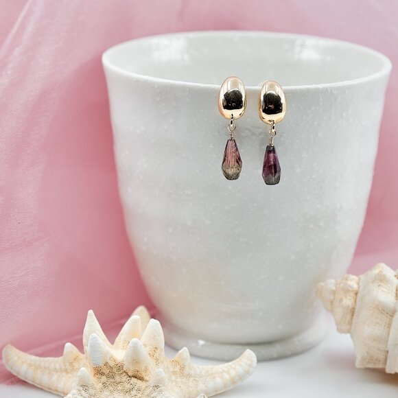Pink Tourmaline Dainty Stud Earrings, 14K Gold Filled Teardrop Studs - Picture 7 of 9